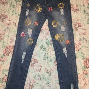 Embroidered Distressed Blue Jeans